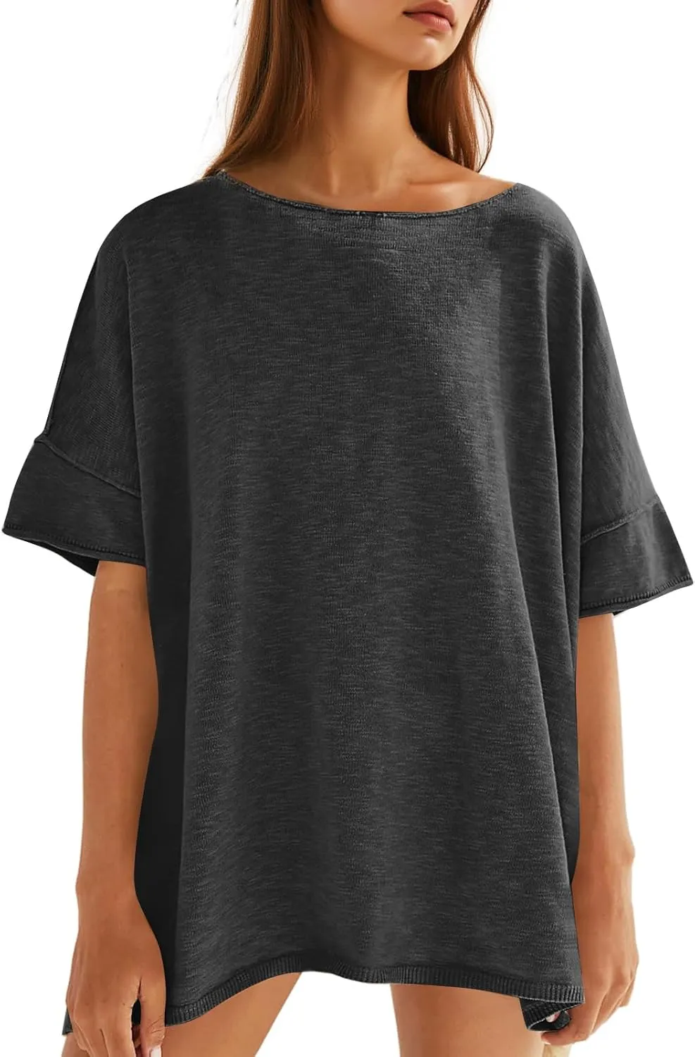 Tankaneo Women's Oversized T Shirts Casual Summer Crew Neck Loose Dropped Short Sleeve Side Slit Hem Blouse Tunic Tops
