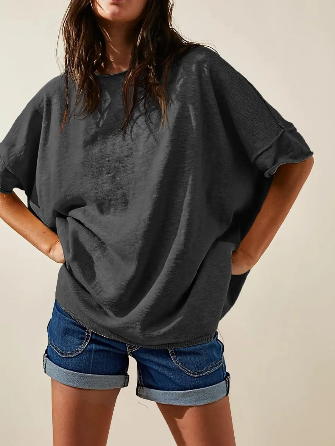 Tankaneo Women's Oversized T Shirts Casual Summer Crew Neck Loose Dropped Short Sleeve Side Slit Hem Blouse Tunic Tops