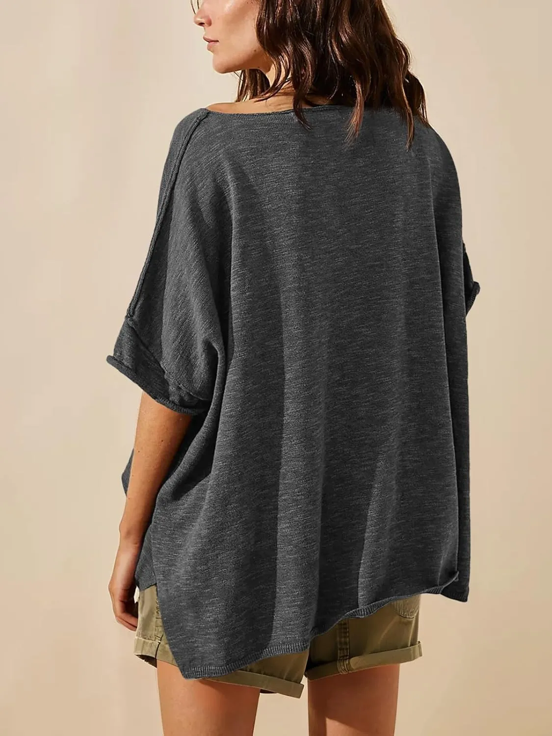 Tankaneo Women's Oversized T Shirts Casual Summer Crew Neck Loose Dropped Short Sleeve Side Slit Hem Blouse Tunic Tops