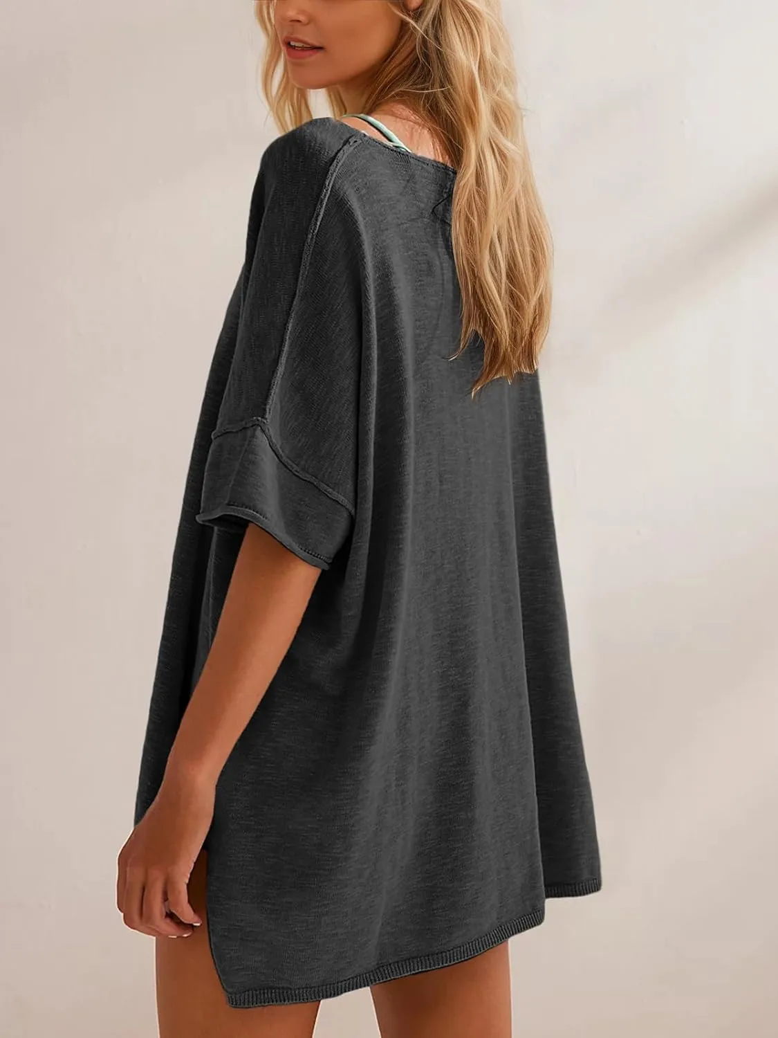 Tankaneo Women's Oversized T Shirts Casual Summer Crew Neck Loose Dropped Short Sleeve Side Slit Hem Blouse Tunic Tops