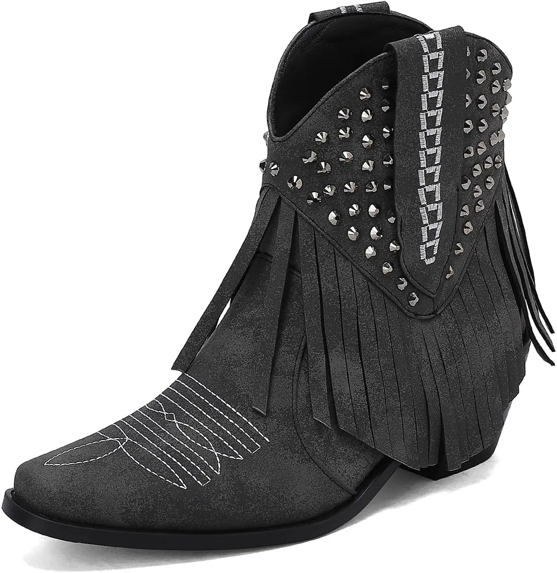 Tassel Ankle Cowboy Boots Woman Embroider Fringe Western Boots Round Toe Chunky Heel Pull On Cowgirl Boots