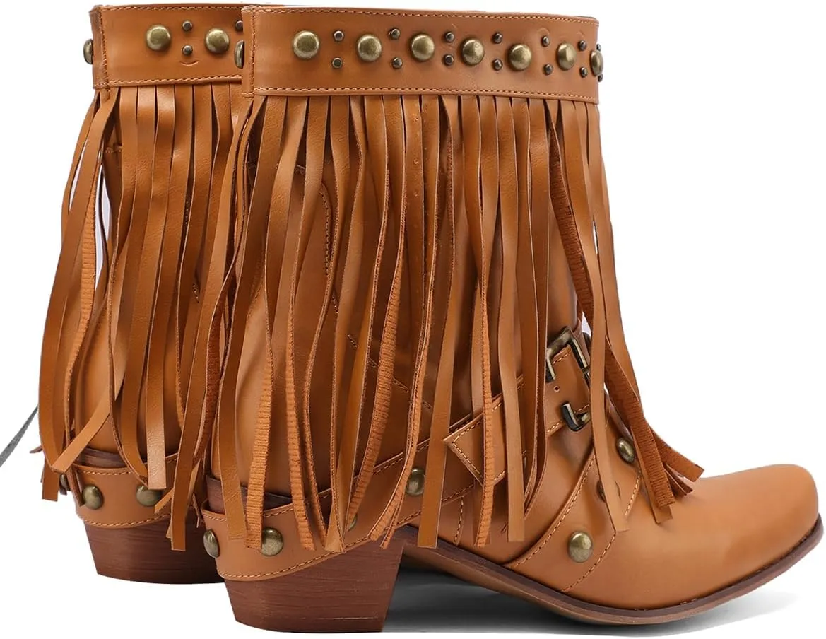 Tassel Ankle Cowboy Boots Woman Embroider Fringe Western Boots Round Toe Chunky Heel Pull On Cowgirl Boots