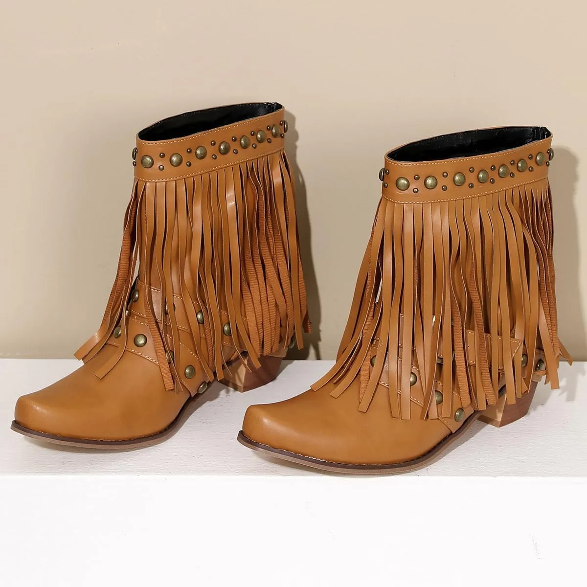 Tassel Ankle Cowboy Boots Woman Embroider Fringe Western Boots Round Toe Chunky Heel Pull On Cowgirl Boots