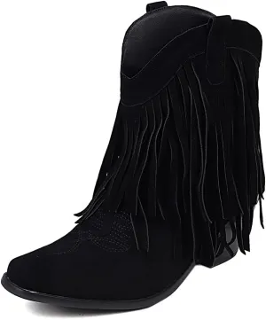 Tassel Ankle Cowboy Boots Woman Embroider Fringe Western Boots Round Toe Chunky Heel Pull On Cowgirl Boots