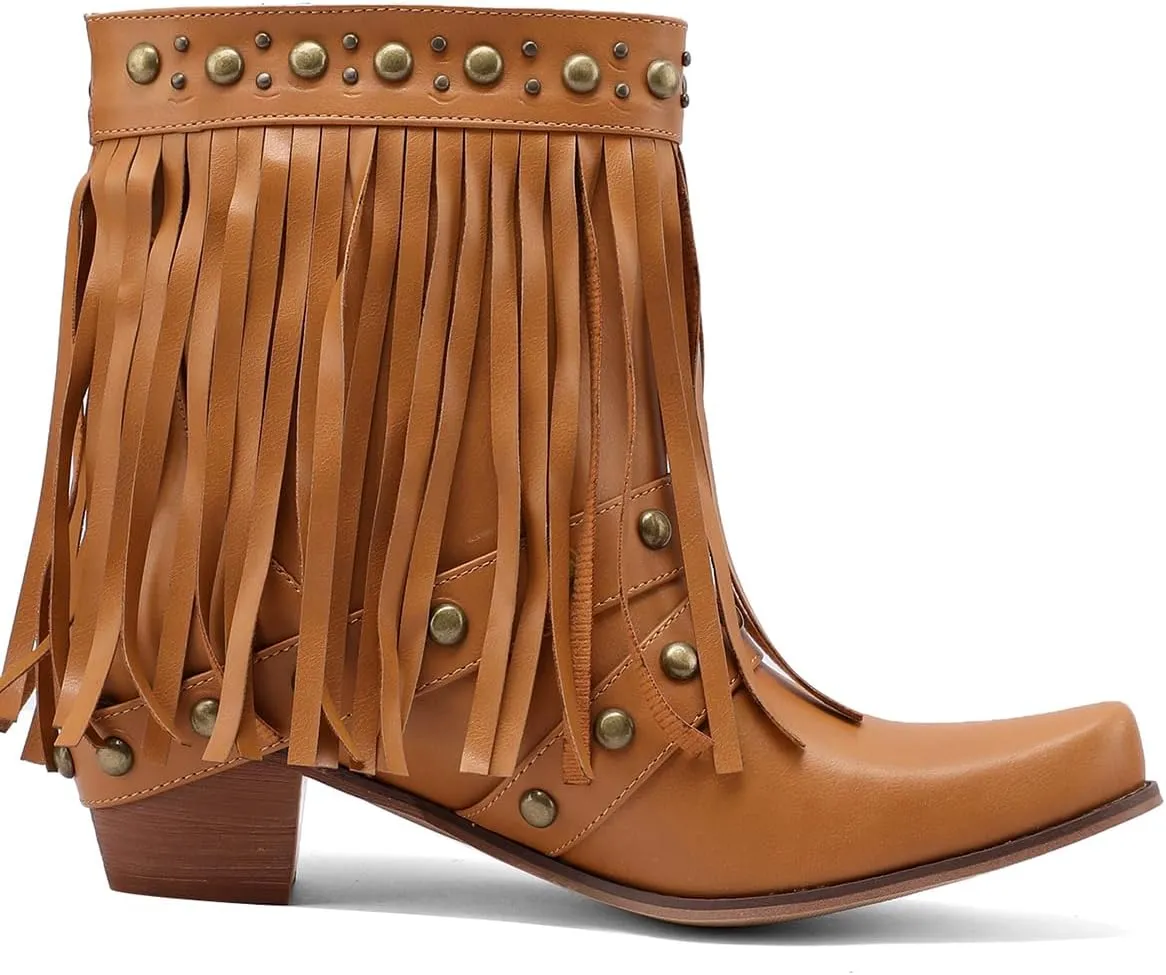 Tassel Ankle Cowboy Boots Woman Embroider Fringe Western Boots Round Toe Chunky Heel Pull On Cowgirl Boots