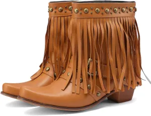 Tassel Ankle Cowboy Boots Woman Embroider Fringe Western Boots Round Toe Chunky Heel Pull On Cowgirl Boots