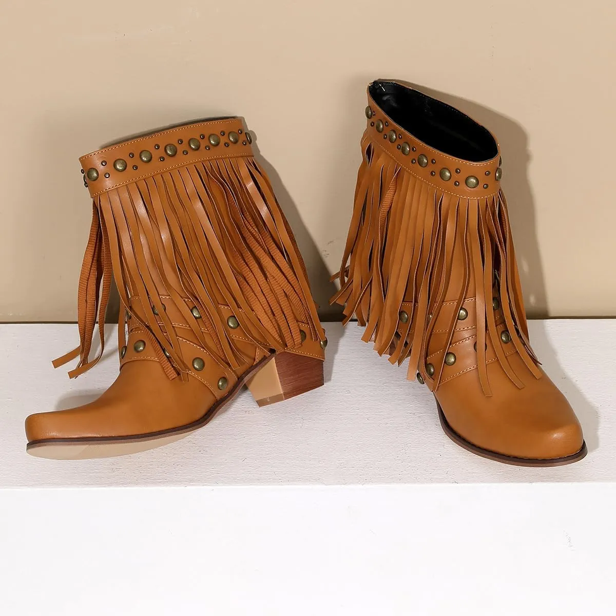 Tassel Ankle Cowboy Boots Woman Embroider Fringe Western Boots Round Toe Chunky Heel Pull On Cowgirl Boots
