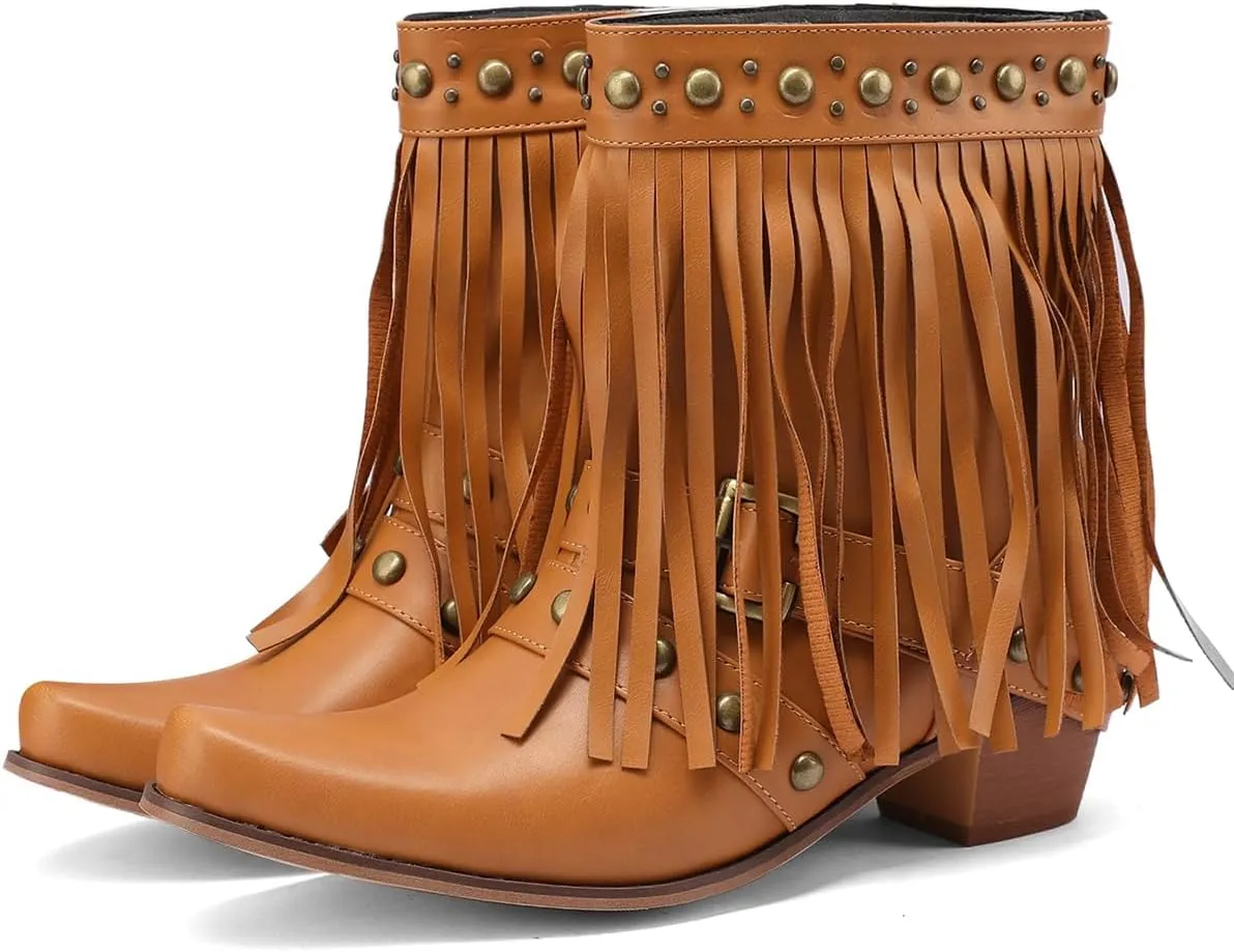 Tassel Ankle Cowboy Boots Woman Embroider Fringe Western Boots Round Toe Chunky Heel Pull On Cowgirl Boots