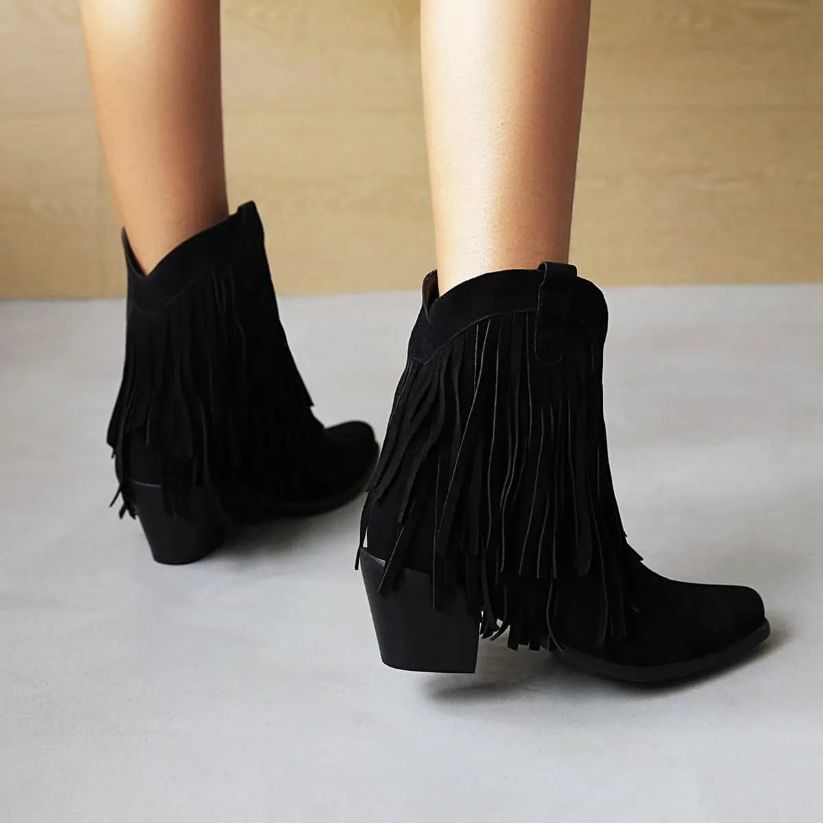 Tassel Ankle Cowboy Boots Woman Embroider Fringe Western Boots Round Toe Chunky Heel Pull On Cowgirl Boots