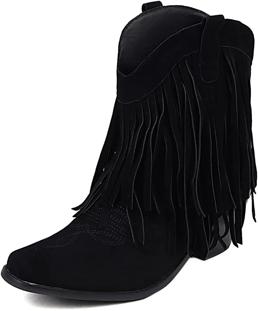 Tassel Ankle Cowboy Boots Woman Embroider Fringe Western Boots Round Toe Chunky Heel Pull On Cowgirl Boots
