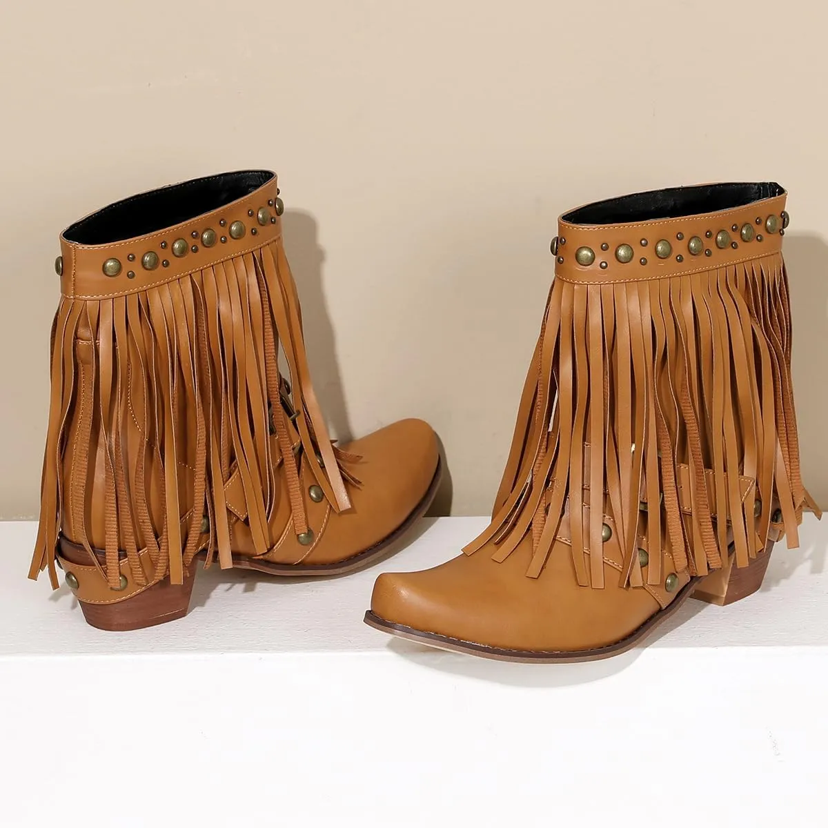 Tassel Ankle Cowboy Boots Woman Embroider Fringe Western Boots Round Toe Chunky Heel Pull On Cowgirl Boots