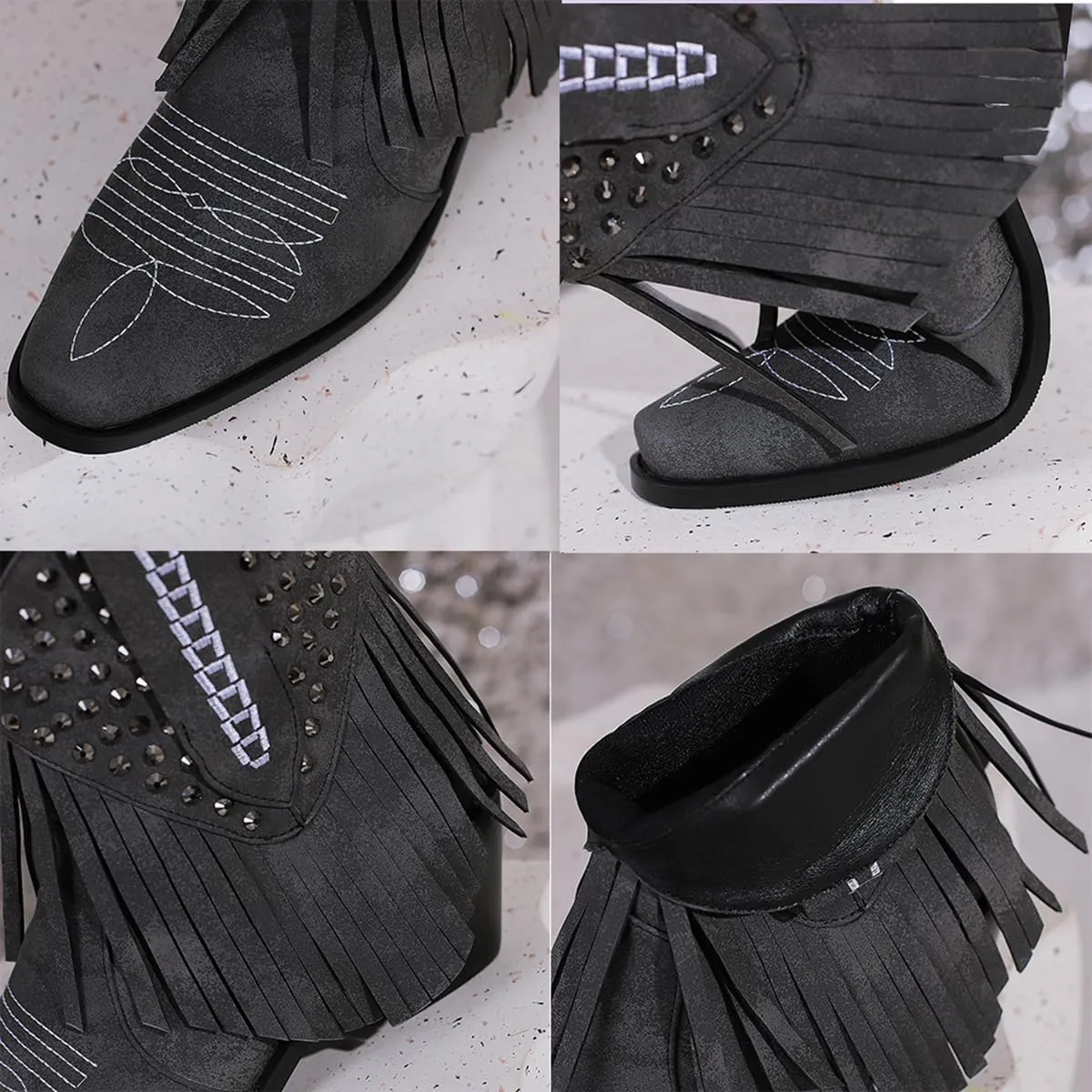 Tassel Ankle Cowboy Boots Woman Embroider Fringe Western Boots Round Toe Chunky Heel Pull On Cowgirl Boots
