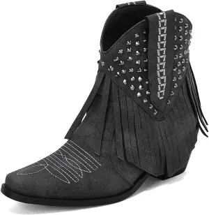 Tassel Ankle Cowboy Boots Woman Embroider Fringe Western Boots Round Toe Chunky Heel Pull On Cowgirl Boots