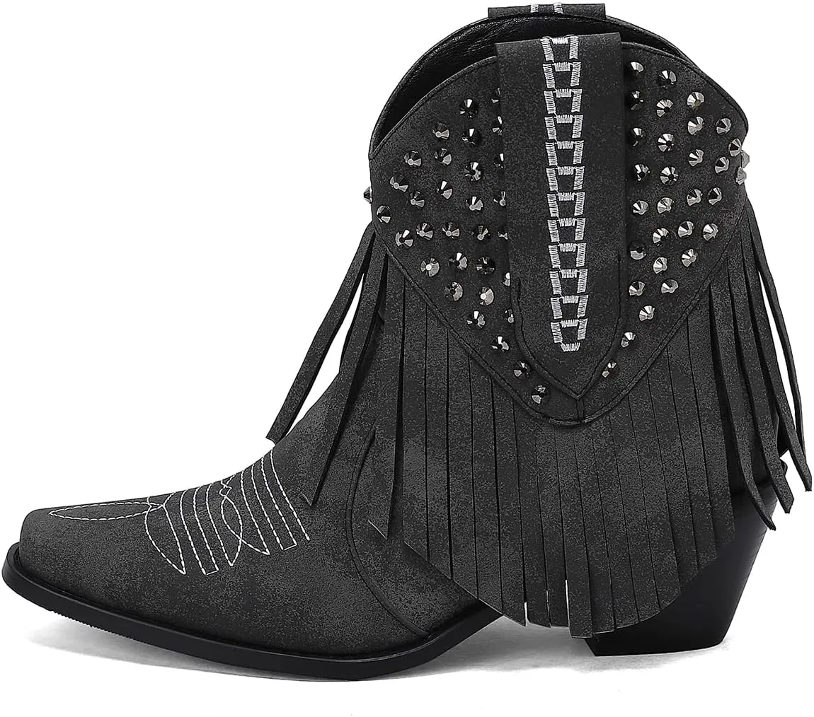 Tassel Ankle Cowboy Boots Woman Embroider Fringe Western Boots Round Toe Chunky Heel Pull On Cowgirl Boots