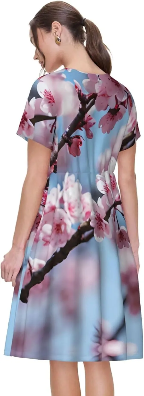 Tempting Cherry Blossoms Womens Summer Dress Casual Swing Short Sleeve Sundresses for Daily Wear, Shopping