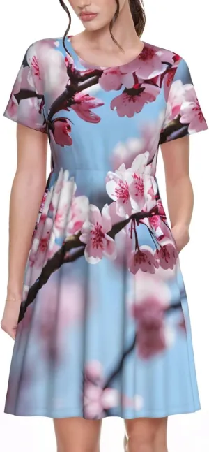 Tempting Cherry Blossoms Womens Summer Dress Casual Swing Short Sleeve Sundresses for Daily Wear, Shopping