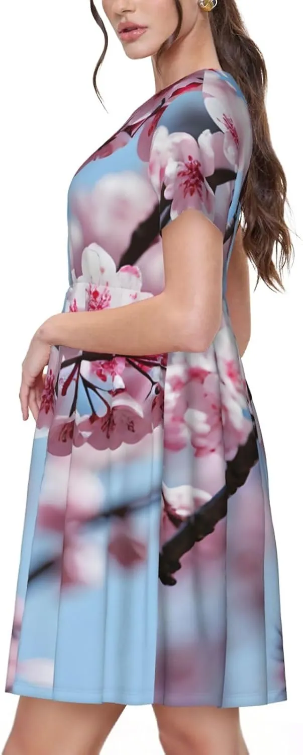 Tempting Cherry Blossoms Womens Summer Dress Casual Swing Short Sleeve Sundresses for Daily Wear, Shopping