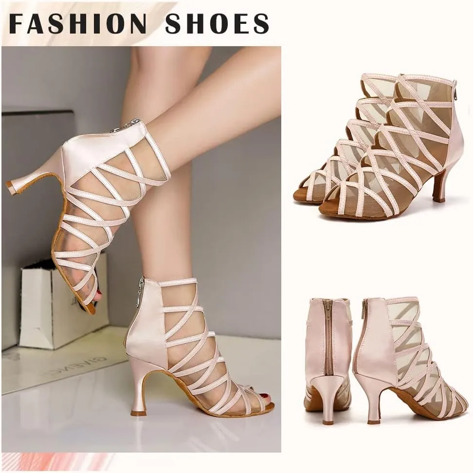 TINRYMX Women's Latin Dance Boots Ballrooom Salsa Tango Open Toe Performance Professional Dance Shoes, Model-YCL445