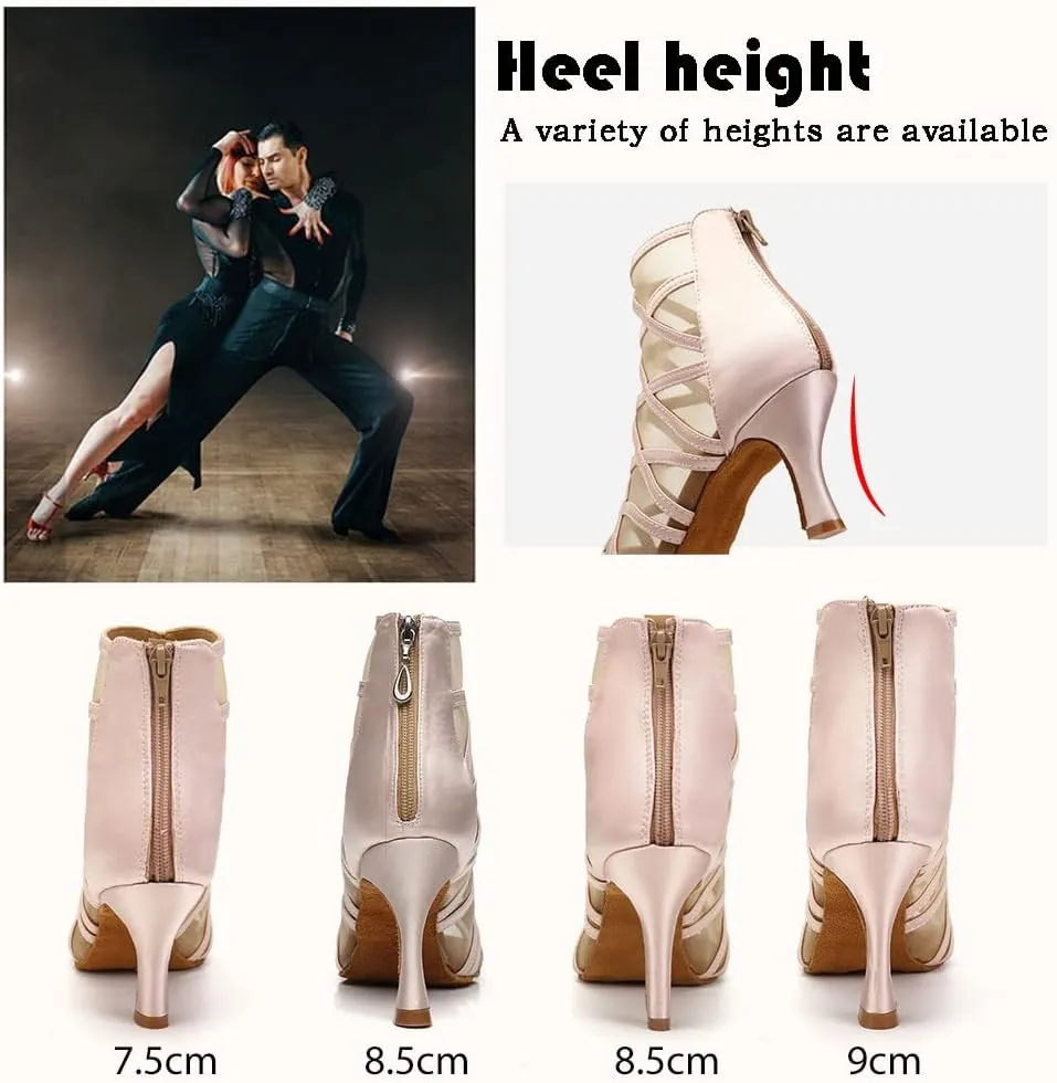 TINRYMX Women's Latin Dance Boots Ballrooom Salsa Tango Open Toe Performance Professional Dance Shoes, Model-YCL445