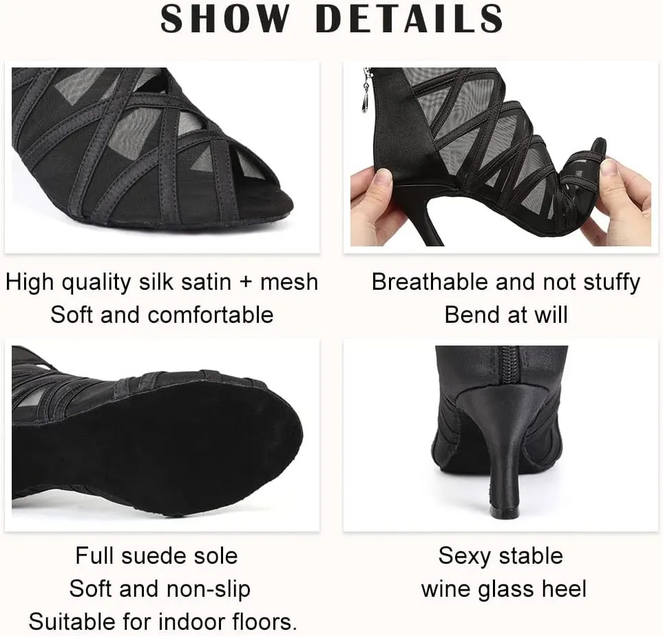 TINRYMX Women's Latin Dance Boots Ballrooom Salsa Tango Open Toe Performance Professional Dance Shoes, Model-YCL445