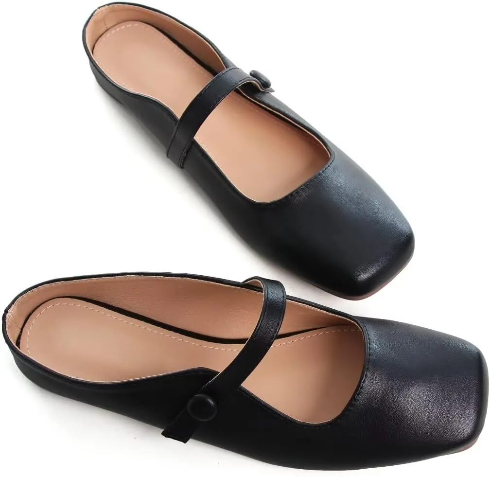 TN TANGNEST Flat Shoes for Women Retro Square Toe Mary Jane Flats Shiny Ballet Flats Comfortable Office Flats