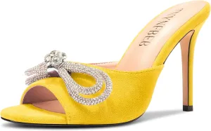 TNYNFBEB Womens Stiletto High Heel Peep Open Toe Sandals Mules Shoes Slingback Slip-on Rhinestone Crystal Bow-knot Prom Dress 3.9 Inches Heels