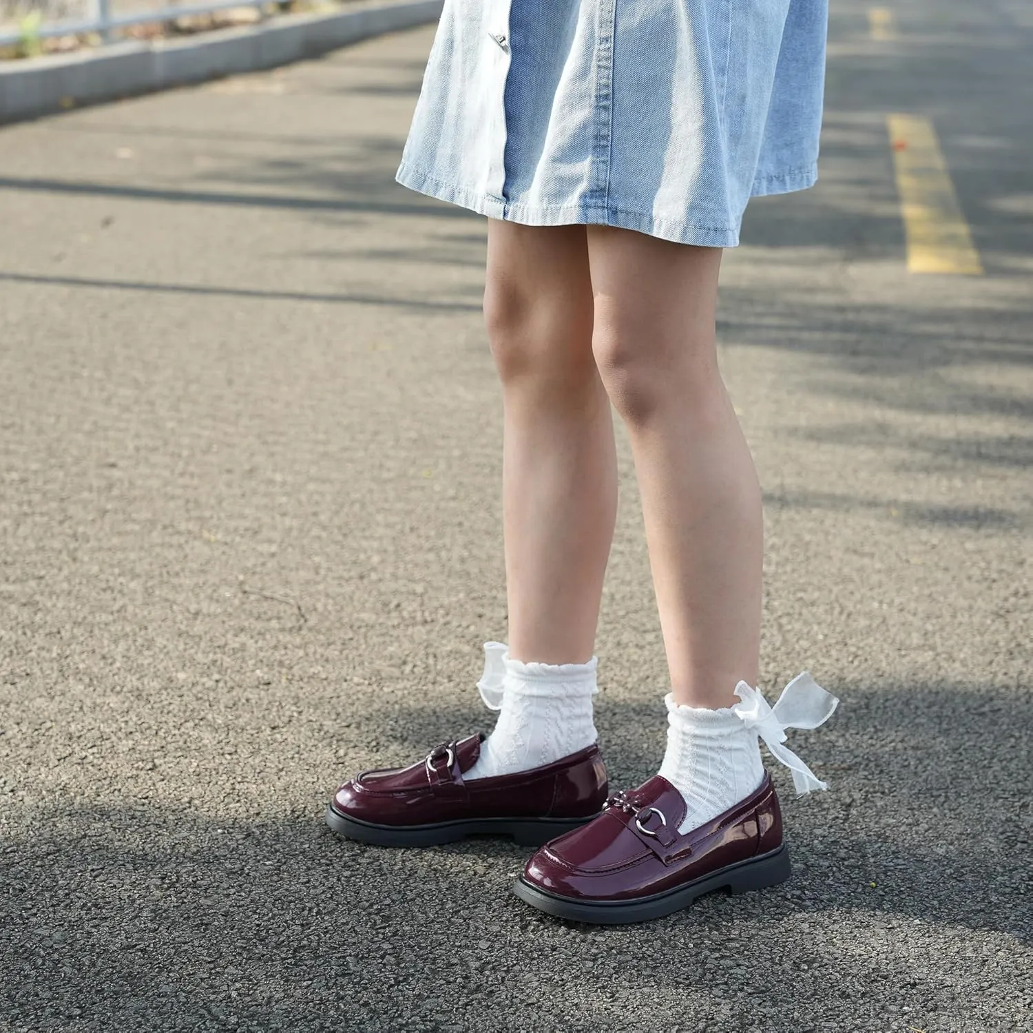 Tobfis Girls Slip-On Round Toe Oxford Butterfly Metal Chain Patent Leather Penny Loafers Flats Church School Uniform Kids Moccasins Dress Shoes (Toddler/Little Kid/Big Kid)