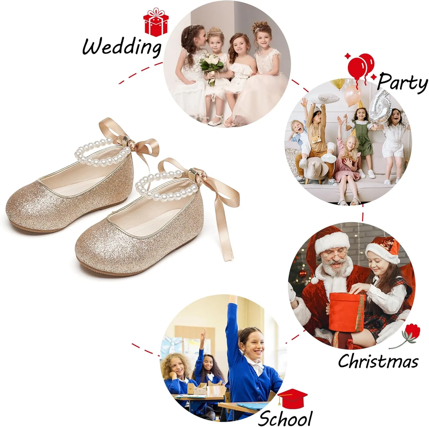 Toddler Flower Girl Dress Shoes - Little Girl Ballet Flats Pearl Strap for Wedding Party