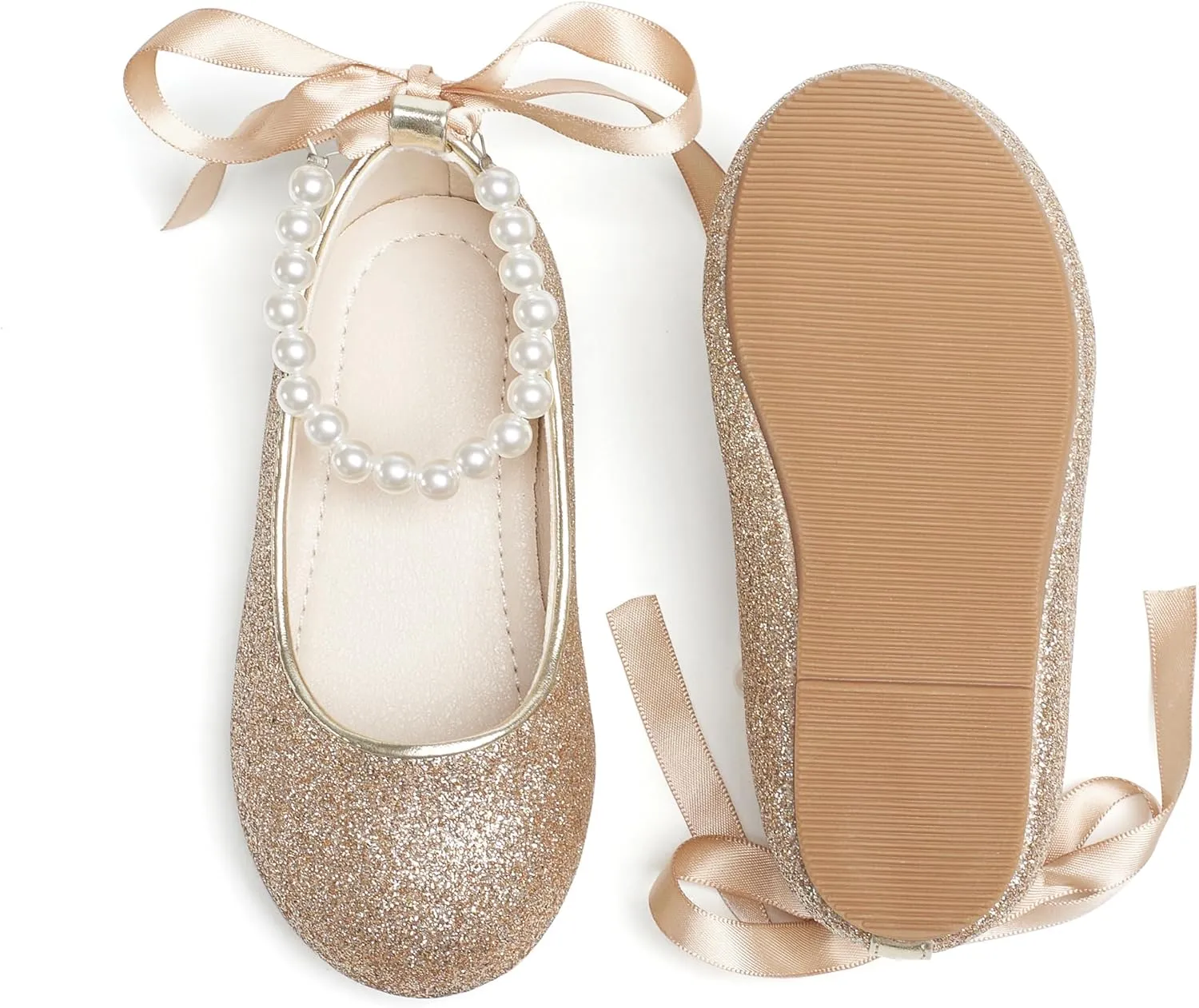 Toddler Flower Girl Dress Shoes - Little Girl Ballet Flats Pearl Strap for Wedding Party