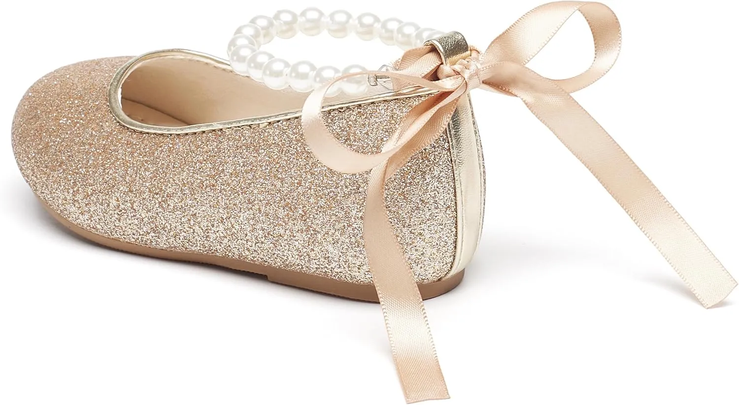 Toddler Flower Girl Dress Shoes - Little Girl Ballet Flats Pearl Strap for Wedding Party