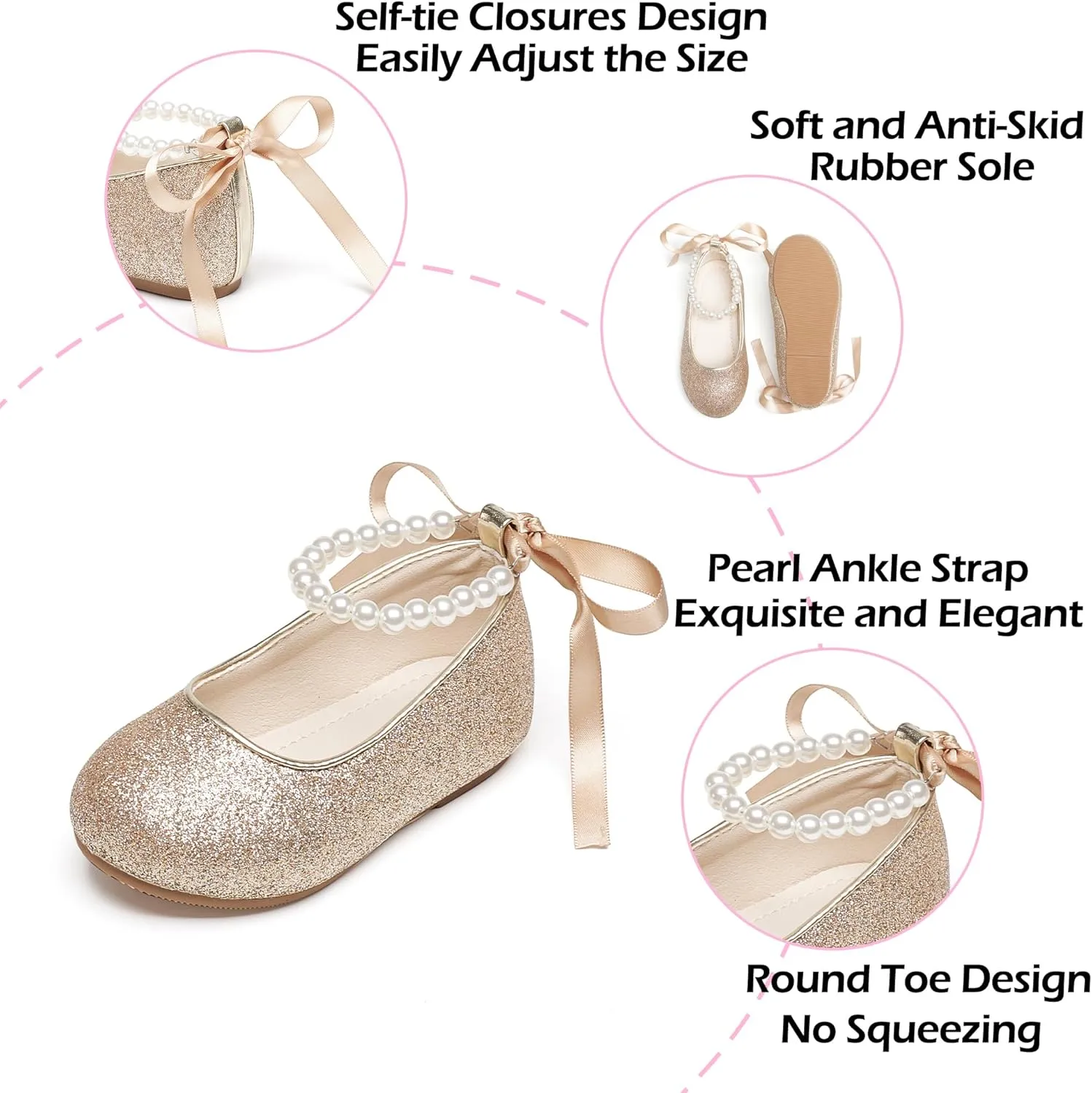 Toddler Flower Girl Dress Shoes - Little Girl Ballet Flats Pearl Strap for Wedding Party