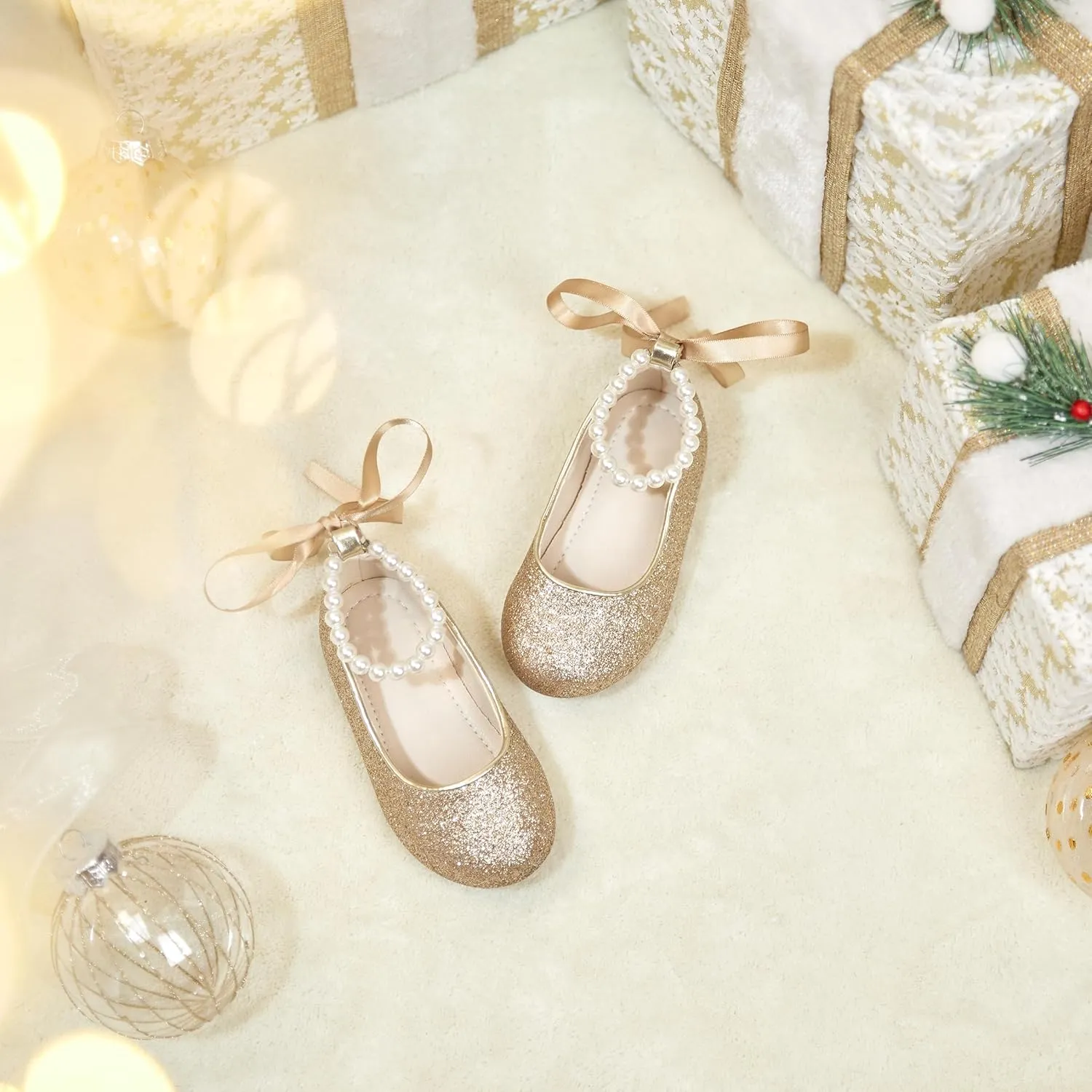 Toddler Flower Girl Dress Shoes - Little Girl Ballet Flats Pearl Strap for Wedding Party