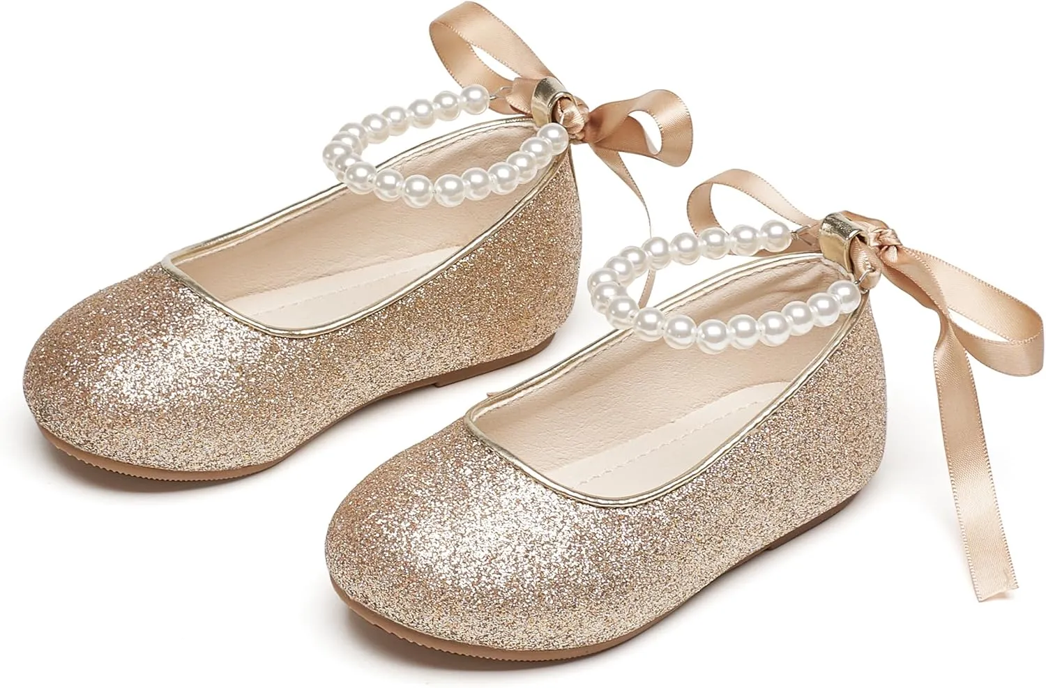 Toddler Flower Girl Dress Shoes - Little Girl Ballet Flats Pearl Strap for Wedding Party