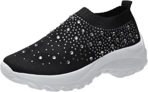 Tokouk Women's Rhinestones Glitter Knitted Mesh Orthopedic Sock Sneakers,Comfortable Breathable Slip On Arch Support Walking Shoes Ultra-Light Non-Slip Loafers.