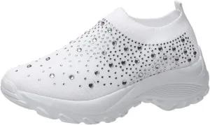 Tokouk Women's Rhinestones Glitter Knitted Mesh Orthopedic Sock Sneakers,Comfortable Breathable Slip On Arch Support Walking Shoes Ultra-Light Non-Slip Loafers.