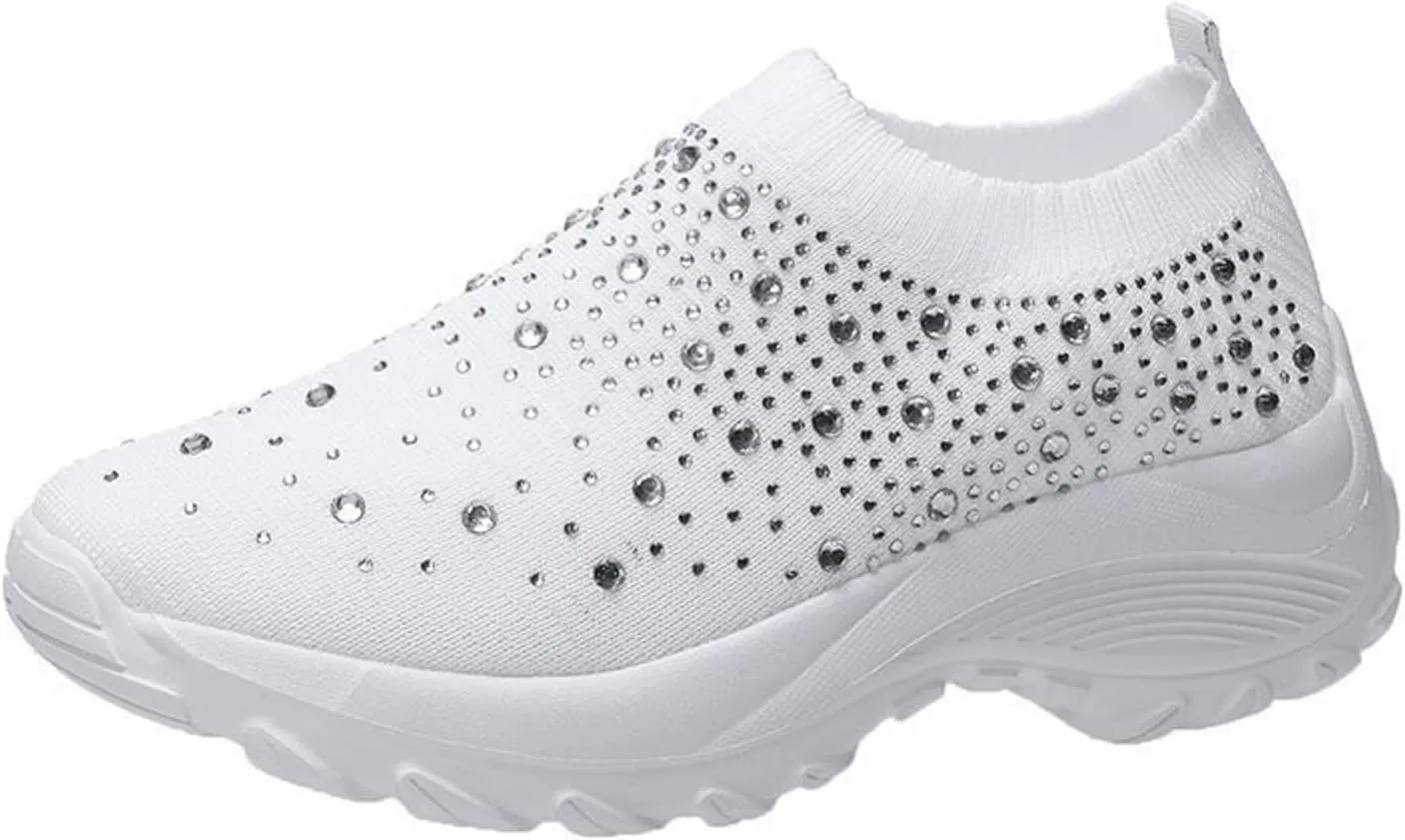 Tokouk Women's Rhinestones Glitter Knitted Mesh Orthopedic Sock Sneakers,Comfortable Breathable Slip On Arch Support Walking Shoes Ultra-Light Non-Slip Loafers.