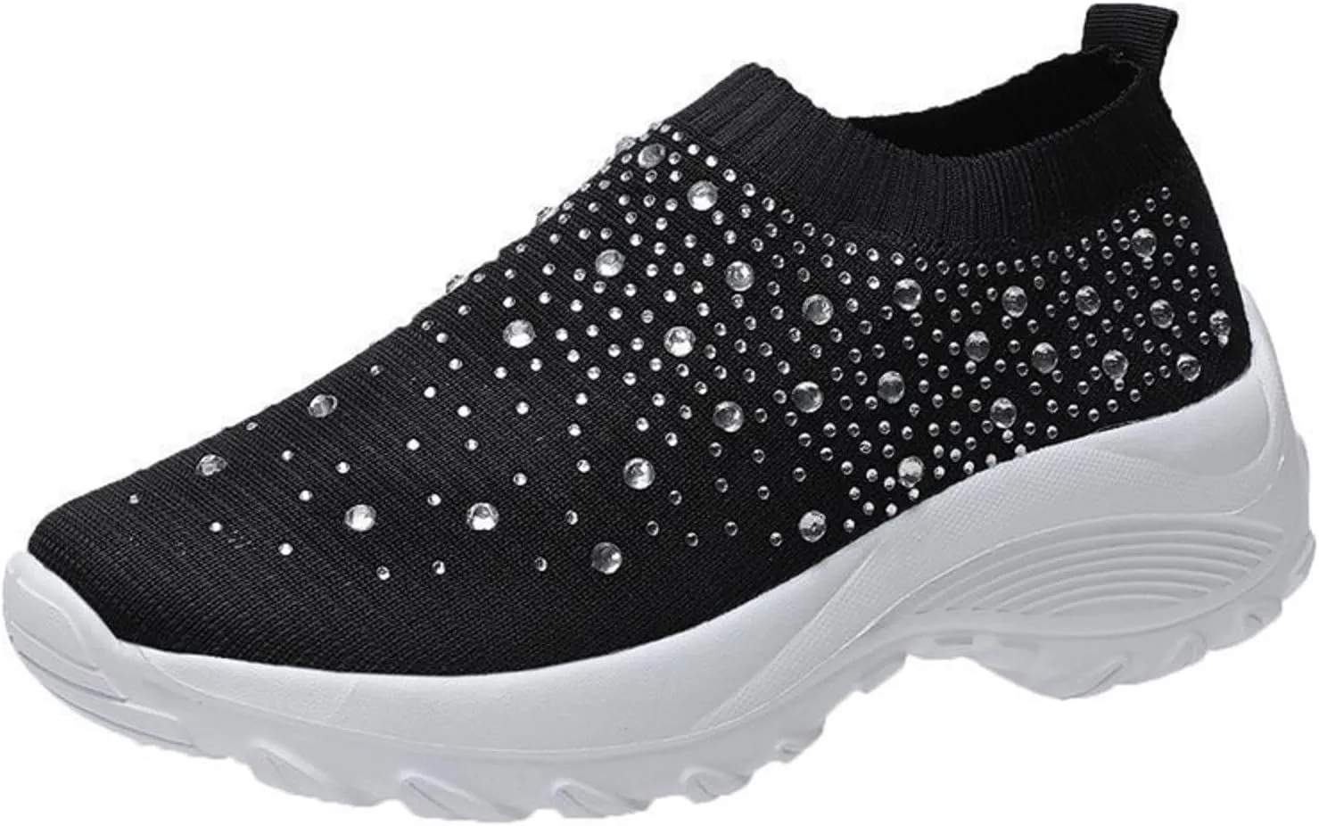 Tokouk Women's Rhinestones Glitter Knitted Mesh Orthopedic Sock Sneakers,Comfortable Breathable Slip On Arch Support Walking Shoes Ultra-Light Non-Slip Loafers.