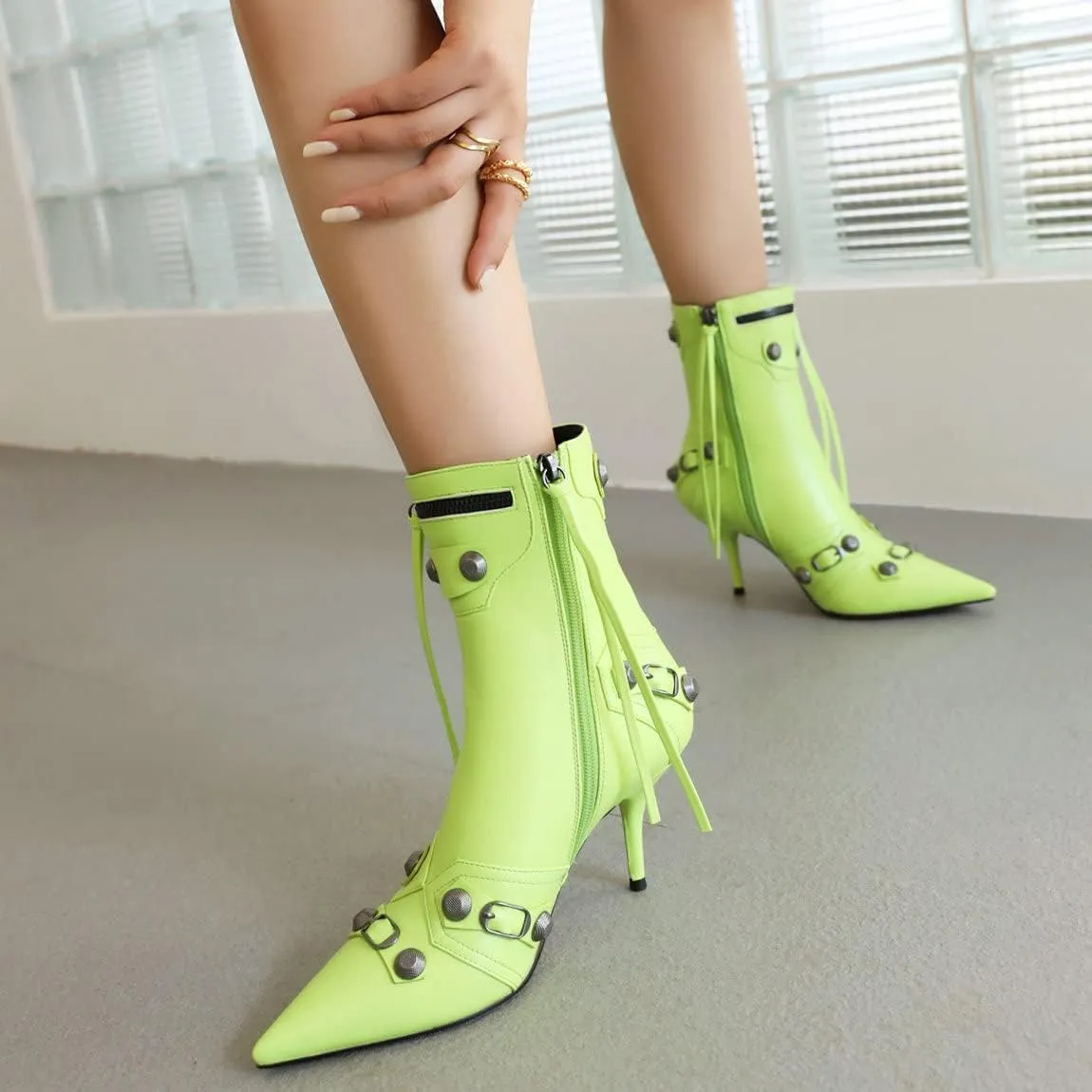 Trendenzy Pointed Toe Zip Stiletto Kitten Heel Buckle Ankle Boots for Women Sexy Tassel Booties