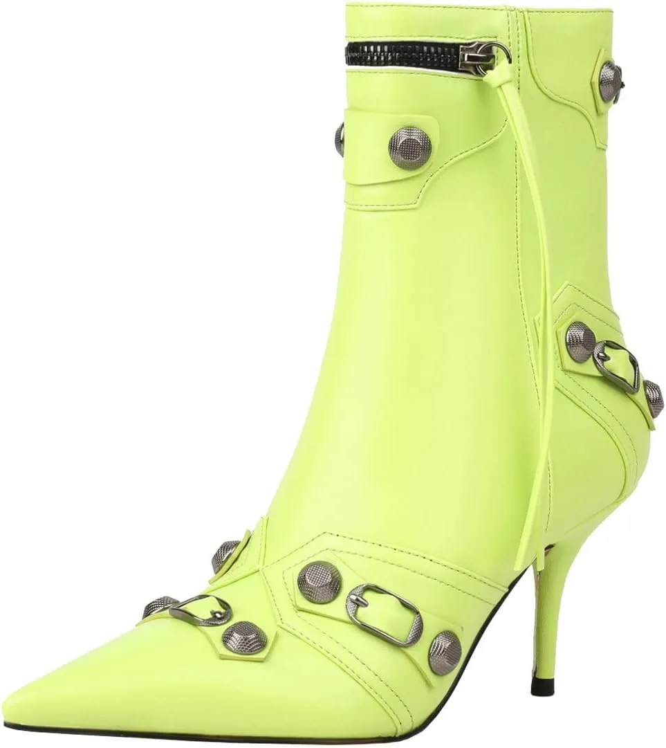 Trendenzy Pointed Toe Zip Stiletto Kitten Heel Buckle Ankle Boots for Women Sexy Tassel Booties