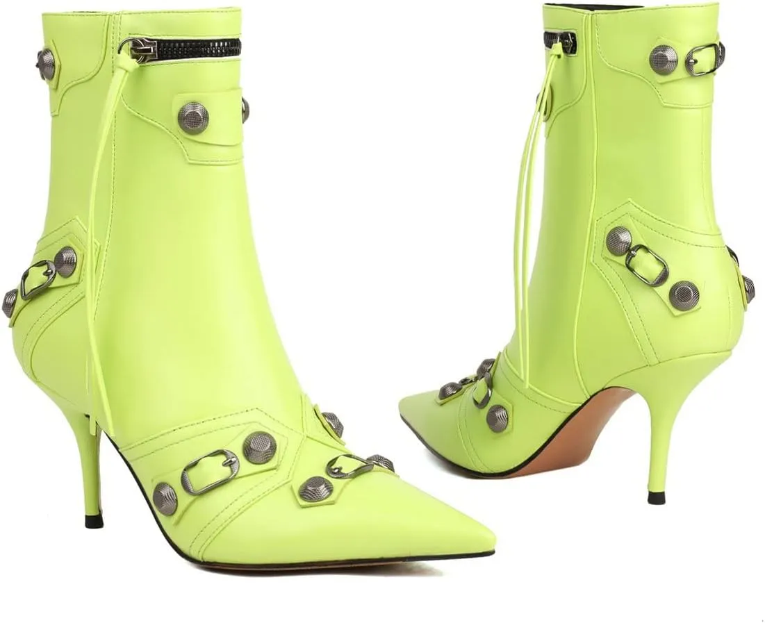 Trendenzy Pointed Toe Zip Stiletto Kitten Heel Buckle Ankle Boots for Women Sexy Tassel Booties