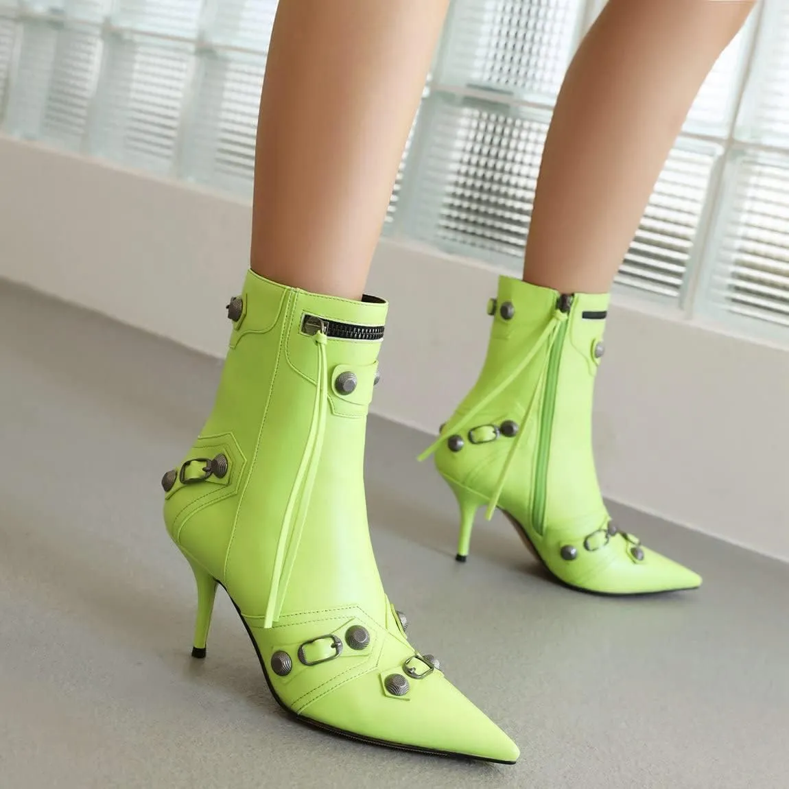 Trendenzy Pointed Toe Zip Stiletto Kitten Heel Buckle Ankle Boots for Women Sexy Tassel Booties