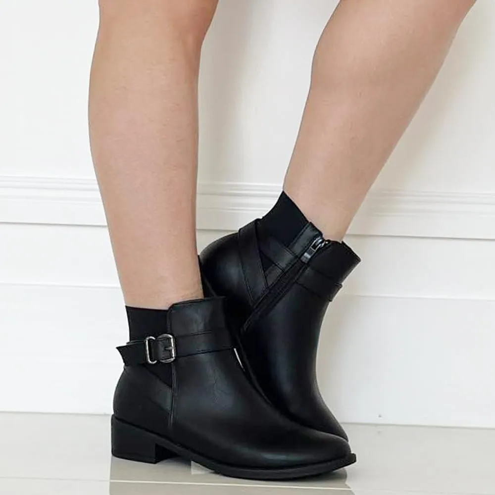 TRENDSUP Women's Classic Ankle Booties, Low Heel, Buckle Strap, Round Toe
