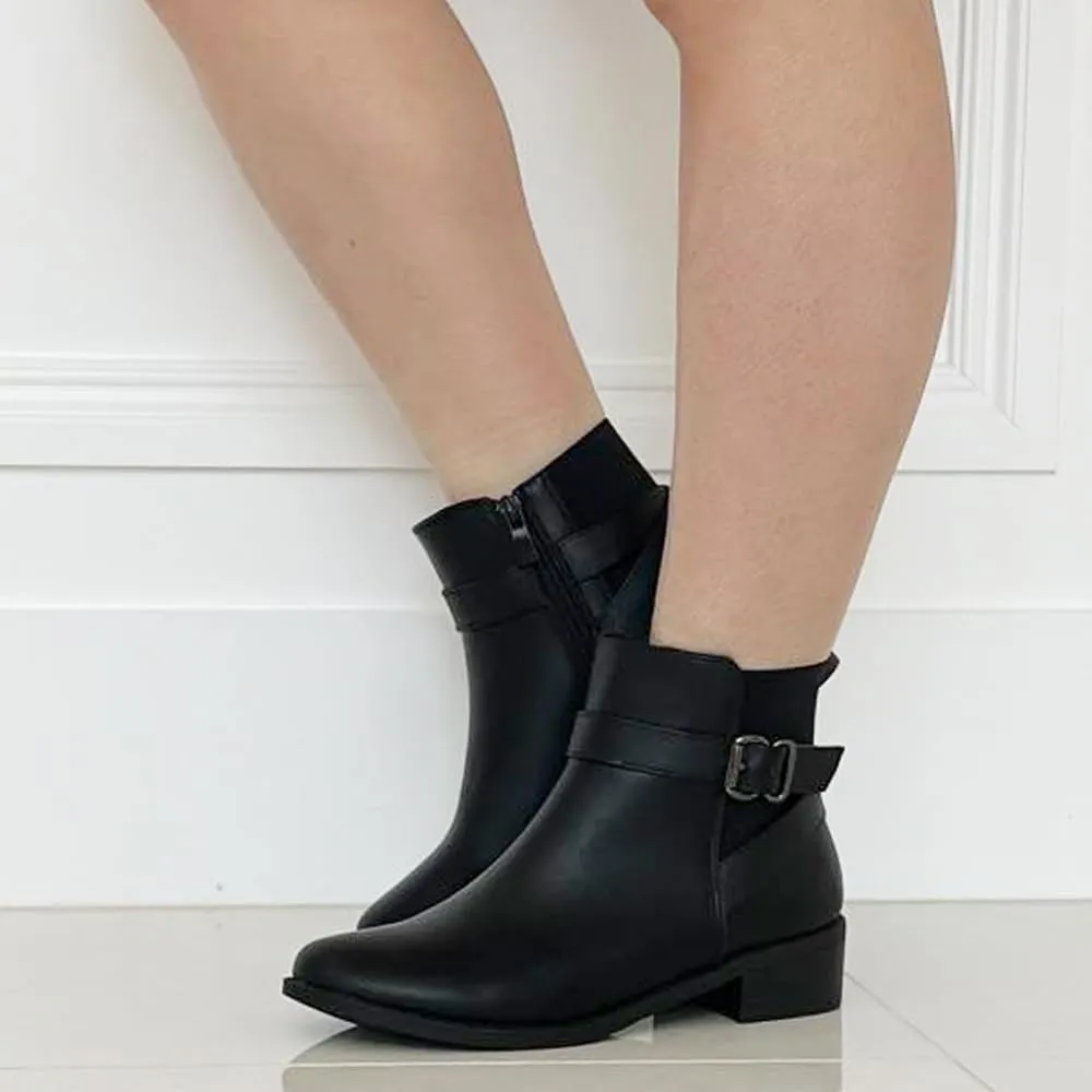 TRENDSUP Women's Classic Ankle Booties, Low Heel, Buckle Strap, Round Toe