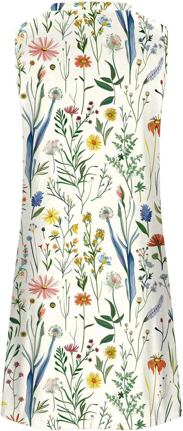 Trendy 2025 Spring Summer Dresses for Women Fashion Floral Printed Sleeveless Round Neck Pleat A-Line Beach Dress