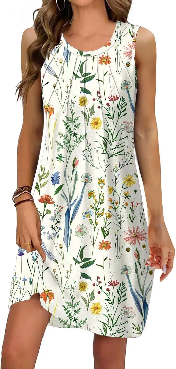 Trendy 2025 Spring Summer Dresses for Women Fashion Floral Printed Sleeveless Round Neck Pleat A-Line Beach Dress