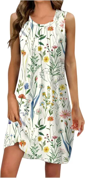 Trendy 2025 Spring Summer Dresses for Women Fashion Floral Printed Sleeveless Round Neck Pleat A-Line Beach Dress
