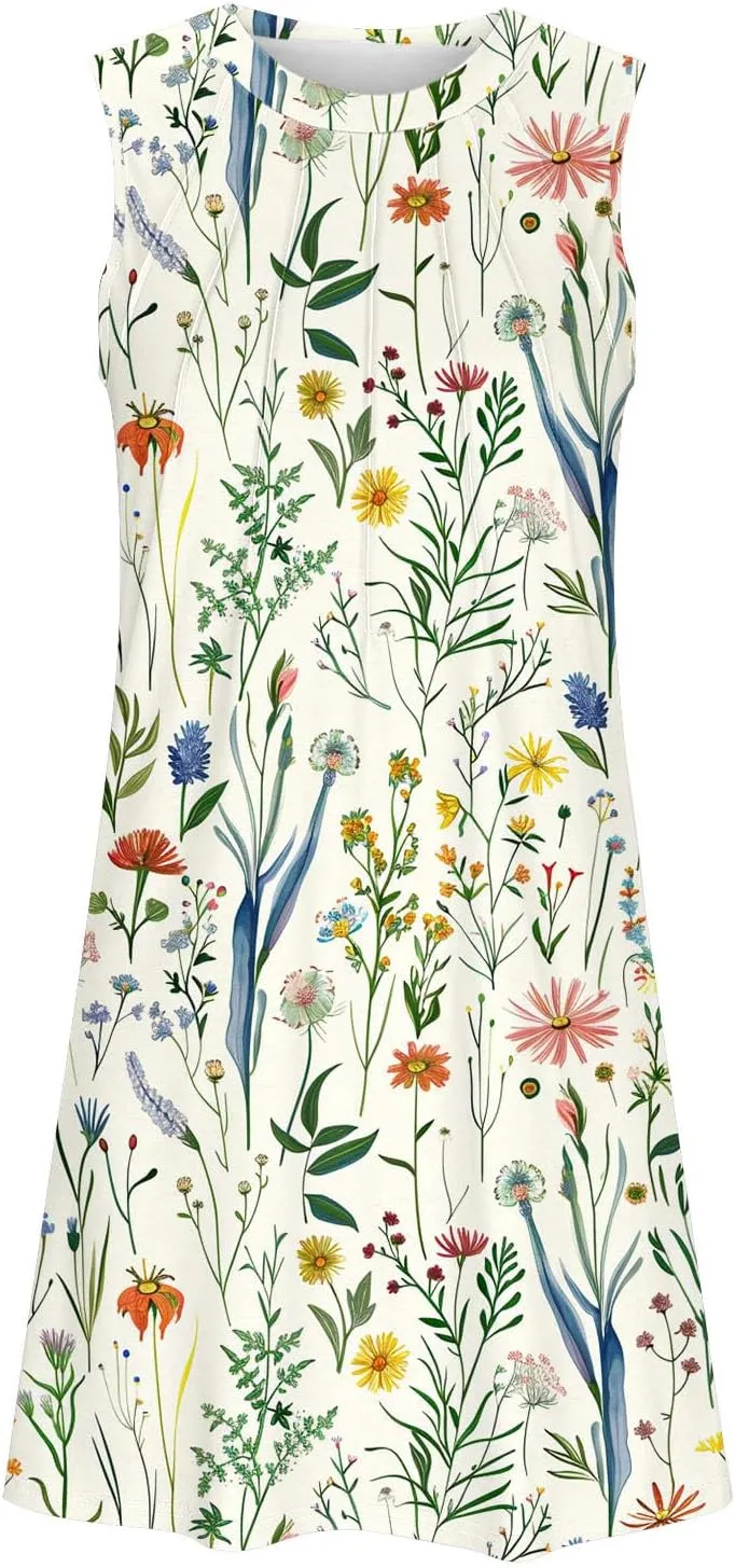 Trendy 2025 Spring Summer Dresses for Women Fashion Floral Printed Sleeveless Round Neck Pleat A-Line Beach Dress