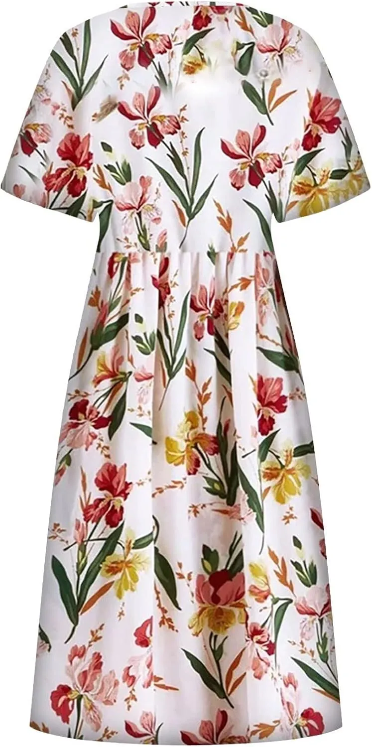 Tshirt Dress for Women 2025 Beach Cotton Linen Floral Printed Dresses with Pockets Casual Flowy Long Dress