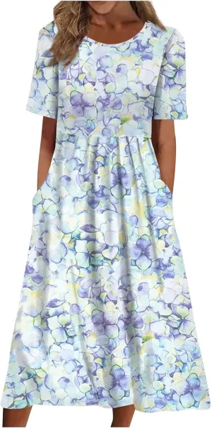 Tshirt Dress for Women 2025 Beach Cotton Linen Floral Printed Dresses with Pockets Casual Flowy Long Dress