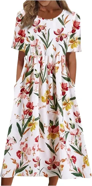 Tshirt Dress for Women 2025 Beach Cotton Linen Floral Printed Dresses with Pockets Casual Flowy Long Dress